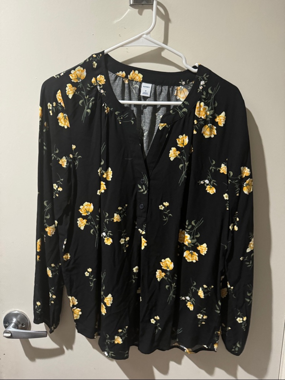 Old Navy Black Button-Front Blouse with Yellow Floral Print